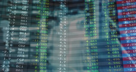 Financial ticker screen showing scrolling alphanumeric codes with colored values in 3D render