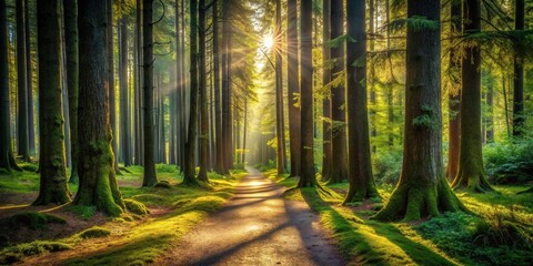 Fototapeta premium Sunlit Pathway Through a Lush, Moss-Covered Forest with Golden Hour Light Streaming Through the Trees