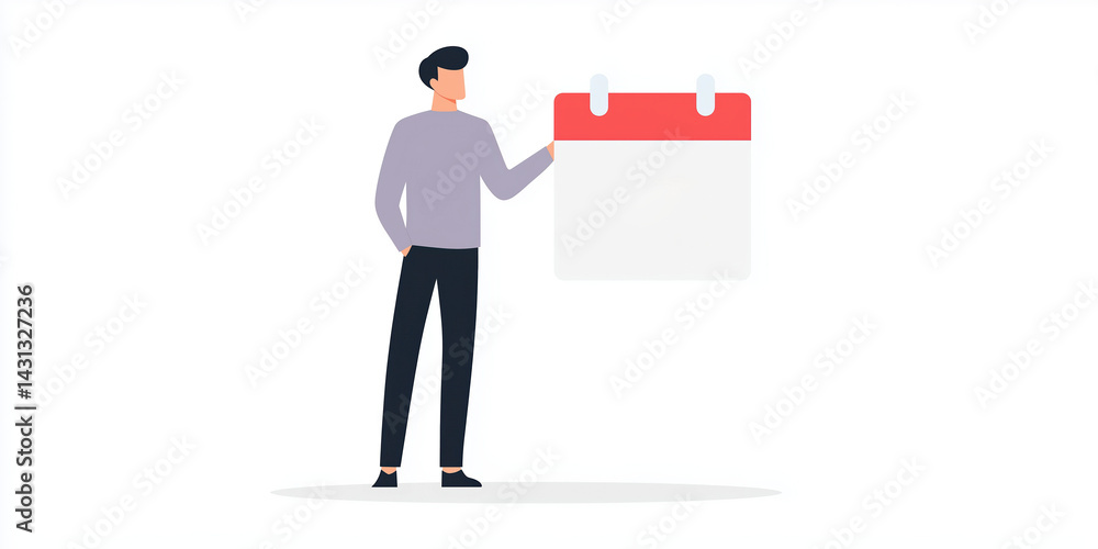 Poster man holding a calendar with a red header in a minimalistic style, representing time management and p