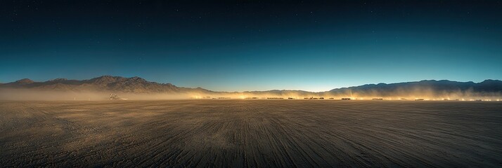 Ground level wide angle view of dusty playa with distant mountains and clear horizon