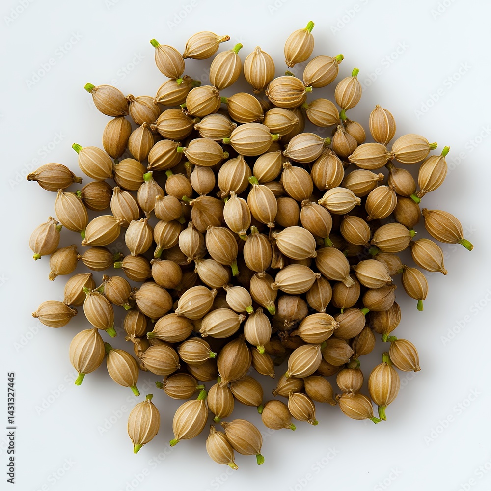 Poster coriander seeds arranged in a circular pattern on a light background.