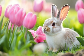 Obraz premium Adorable rabbit in lush garden with blooming pink tulips