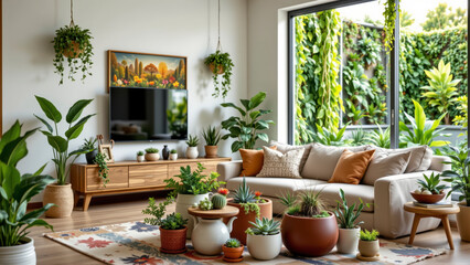 Fototapeta premium Modern Living Room with Indoor Plants and Natural Light in Contemporary Home Design