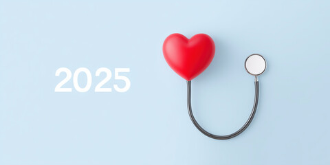 Red heart symbol with stethoscope on light blue background representing health and wellness for the year 2025 health concept