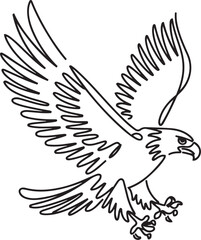 Minimalist vector line art of an eagle soaring with wings open and talons stretched captured in black and white continuous line drawing style