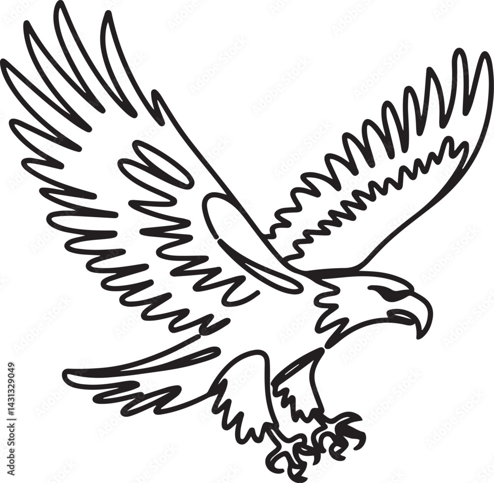 Poster elegant continuous line art of a bird of prey flying with wings wide and talons ready drawn in black