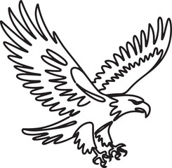 Elegant continuous line art of a bird of prey flying with wings wide and talons ready drawn in black and white on a clean background in minimal style