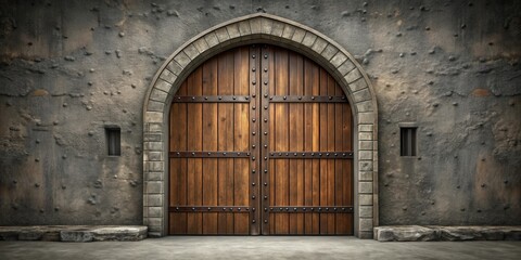 A majestic arched wooden gate, reinforced with iron accents, stands proudly within a weathered stone wall, inviting exploration and wonder.