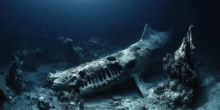 A stunning image of eerie deep-sea graveyard with whale bones and decaying marine life.