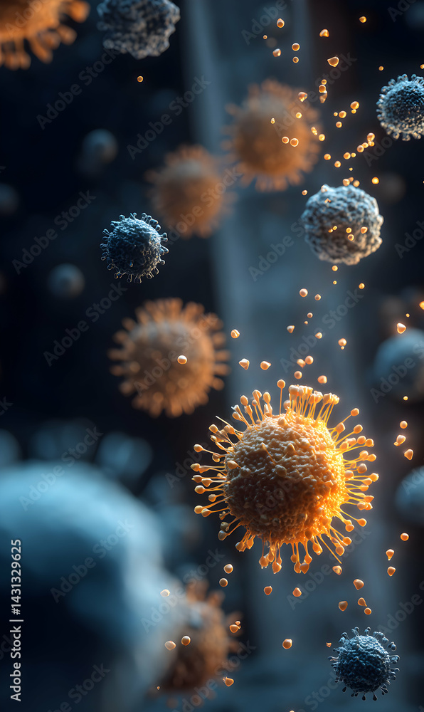Poster visualizing the micro world viral structures floating highlighting intricate details in a scientific