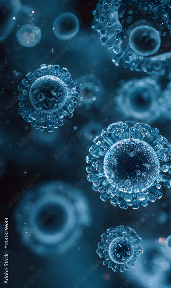 Poster microscopic view of viral structures revealing intricate patterns and biological complexity
