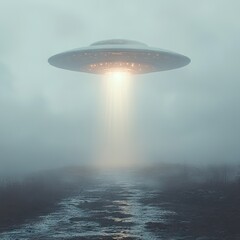 Ufo hovers over a misty landscape with a light beam shining down.