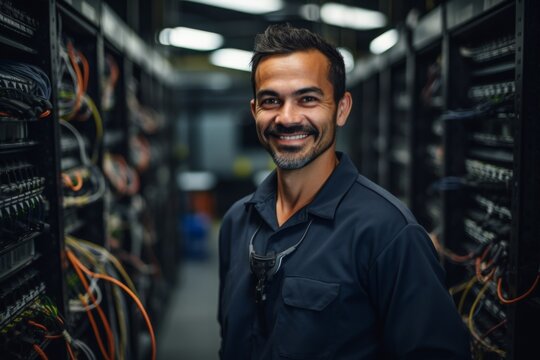 Portrait of smiling hispanic male technician in server room