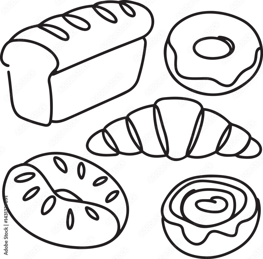 Poster a black line art drawing in a continuous style showing assorted bakery items including a loaf of bre
