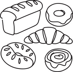 A black line art drawing in a continuous style showing assorted bakery items including a loaf of bread donut croissant bagel and muffin on a white background
