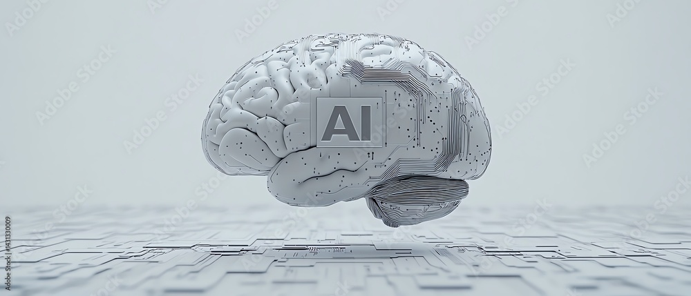 Aufkleber human brain outline with digital computer chip and the word ai inside, symbolizing artificial intell