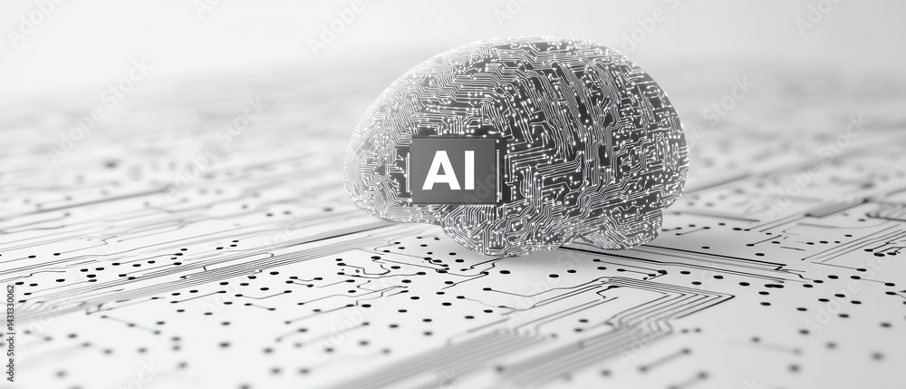 Poster human brain outline with digital computer chip and the word ai inside, symbolizing artificial intell