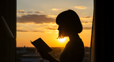 Silhouette of woman reading a book against a vibrant sunset seen through a window