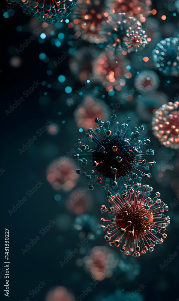 Aufkleber artistic portrayal of microorganisms displaying vivid colors against a dark backdrop in detailed ren