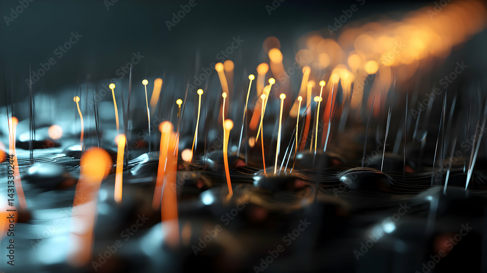 Poster futuristic tech surface with glowing filaments creating a mesmerizing visual spectacle evoking advan
