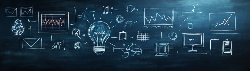 Naklejka premium sketched tech symbols on a blackboard surface, including touchscreen devices, binary code, and AI elements, representing creative digital education ideas