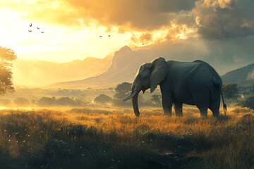 Naklejka premium Majestic elephant silhouetted against a vibrant sunset in the African savanna birds flying overhead mountains in the background