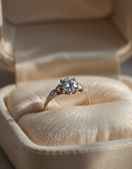Obraz premium Elegant diamond ring in cream jewelry box with natural light showcasing brilliance and satin
