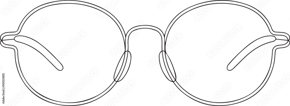 Poster a continuous line art illustration of eyeglasses in a minimalist black sketch style showing the fron