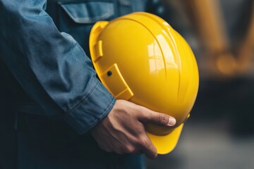 Fototapeta premium Male worker holding yellow hard hat in industrial setting