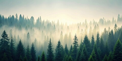 Obraz premium Serene Sunrise Over a Misty Evergreen Forest, Illuminating the Coniferous Trees in a Breathtaking Natural Panorama