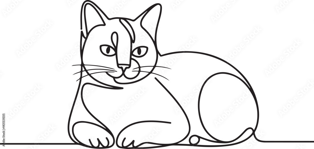 Poster a minimalist vector illustration of a relaxed cat lying down and gazing forward drawn in continuous 