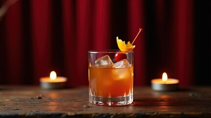 Elegant orange cocktail against burgundy curtain