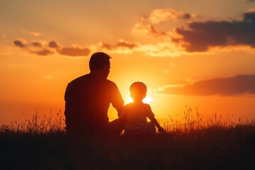 Father and son watching sunset silhouette image for family love and bonding concept, fatherhood and parenting time
