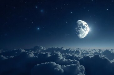 Magical night sky with clouds and bright moon.