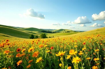 Fototapeta premium Magical colorful field. Meadow strewn with wild flowers.