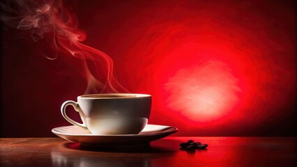 Obraz premium Aromatic Coffee Steam Rising from a White Cup on a Dark Red Background