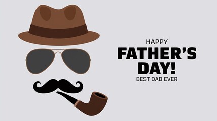Obraz premium Creative Father's Day Design with Hat, Aviator Sunglasses, Mustache, and Pipe Forming a Face, Paired with 'HAPPY FATHER'S DAY!' Bold Typography on a Clean White Background for a Festive Tribute