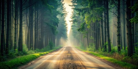 Obraz premium Serene Woodland Path A sunlit dirt road winds through a mystical, fog-laden forest of tall, slender trees, creating an ethereal and peaceful atmosphere.