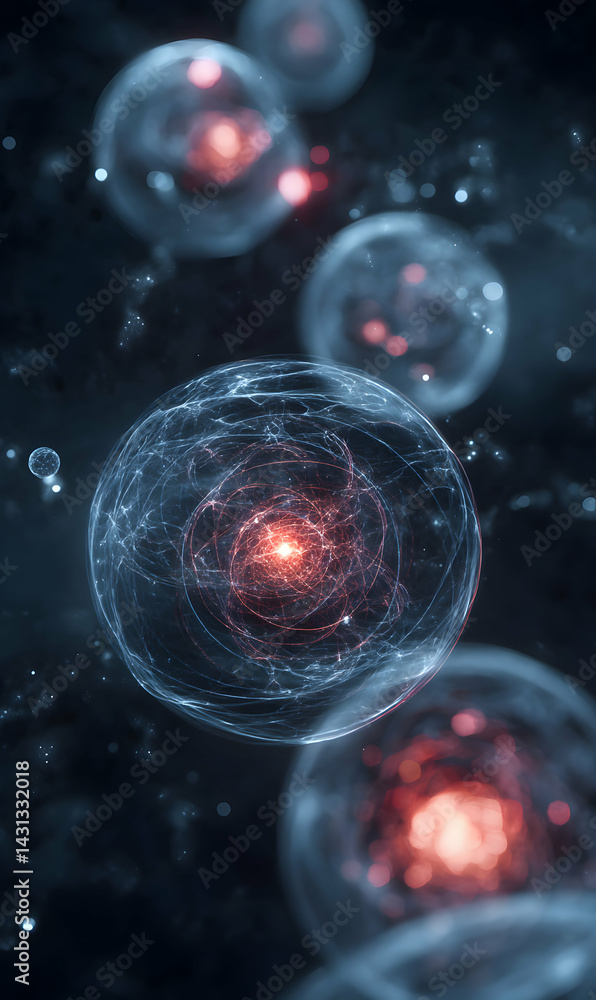Poster entangled particles in a quantum field create an ethereal, glowing cosmic sphere effect abstract