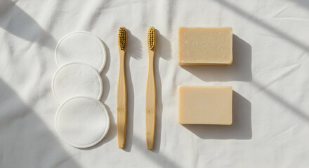 Bamboo toothbrushes organic soap and cotton pads on white linen Sustainable bathroom essentials Zero waste concept