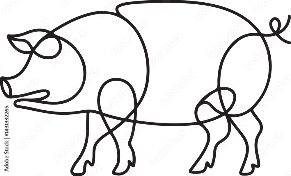 Poster a clean abstract pig illustration in continuous line art style using minimalist black linear strokes