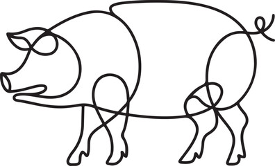 A clean abstract pig illustration in continuous line art style using minimalist black linear strokes forming a silhouette on a simple white background vector design