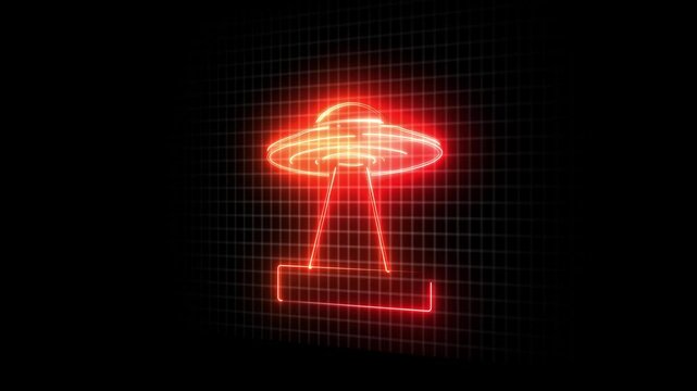 flying Neon red Spacecraft symble, flying saucer with beams, retro sci-fi illustration, glowing electric light, dark background with grid, 80s aesthetic, alien abduction iconography. 4k animation