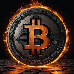 "Bitcoin coin engulfed in fiery flames, representing digital currency, blockchain, and cryptocurrency innovation, symbolizing power and revolution."