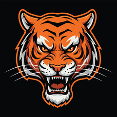 Stylized illustration of a tiger head with prominent orange, black, and white color accents against a black background.