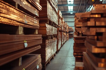Fototapeta premium Large warehouse with stacks of timber planks in industrial setting