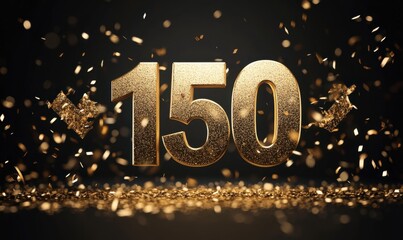 Golden Glittering Number 150 Surrounded by Sparkling Confetti