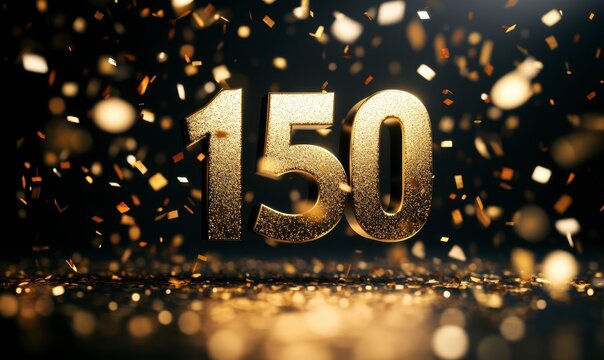 Golden Number 150 Surrounded by Falling Confetti and Sparkles