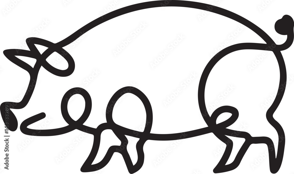 Poster a simple black continuous line art illustration of a pig in abstract style using minimalist strokes 