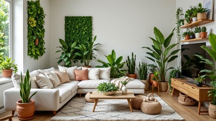 Cozy and Modern Living Room with Abundant Greenery and Stylish Decor Elements